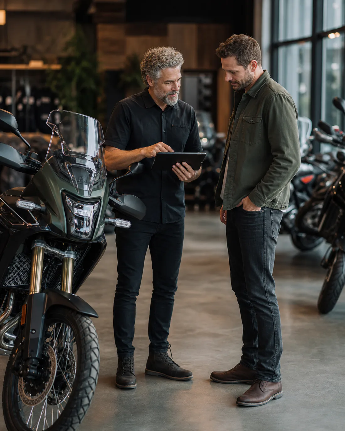 Powersports dealership advisor helping a customer compare a motorcycle